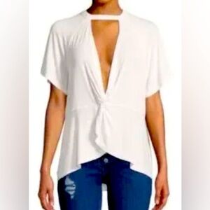 Free People Twist Tie Deep V Neck T-Shirt Large White Festival Beach Spring